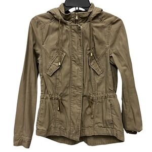 H M Divided Khaki Utility Jacket Hooded Drawstring Waist Buttons Women's 4